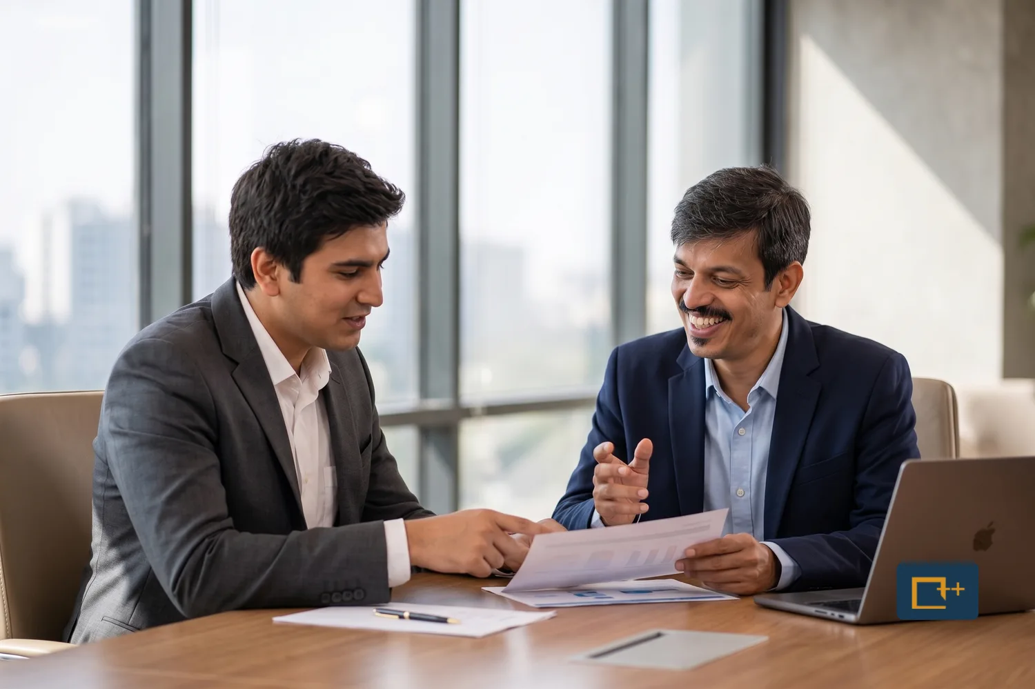 An advisor and client reviewing a financial plan in an office meeting